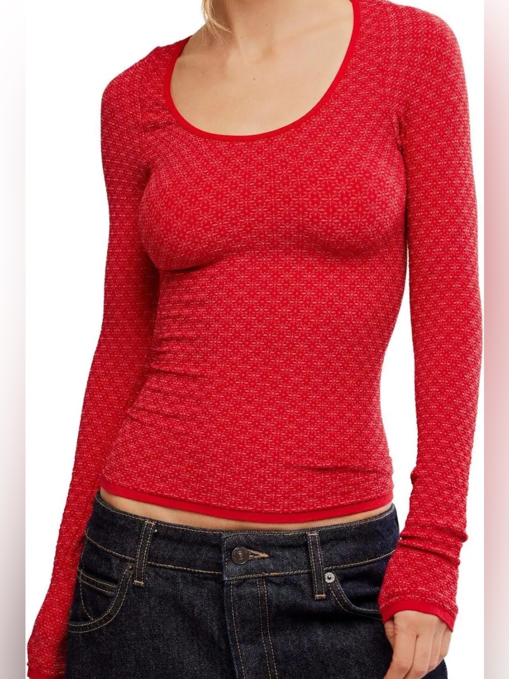 Free People  NWT Red Long Sleeve Scoop Neck Top L